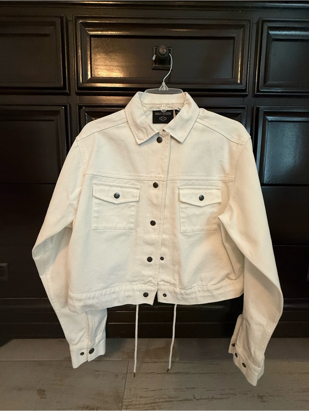 Harley-Davidson White Cropped Denim Jacket with Snap Front
